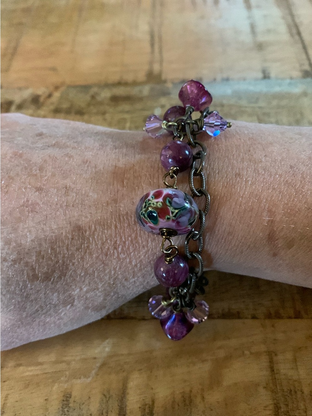 Purple Floral Lampwork Bead and Bronze Chain Bracelet
